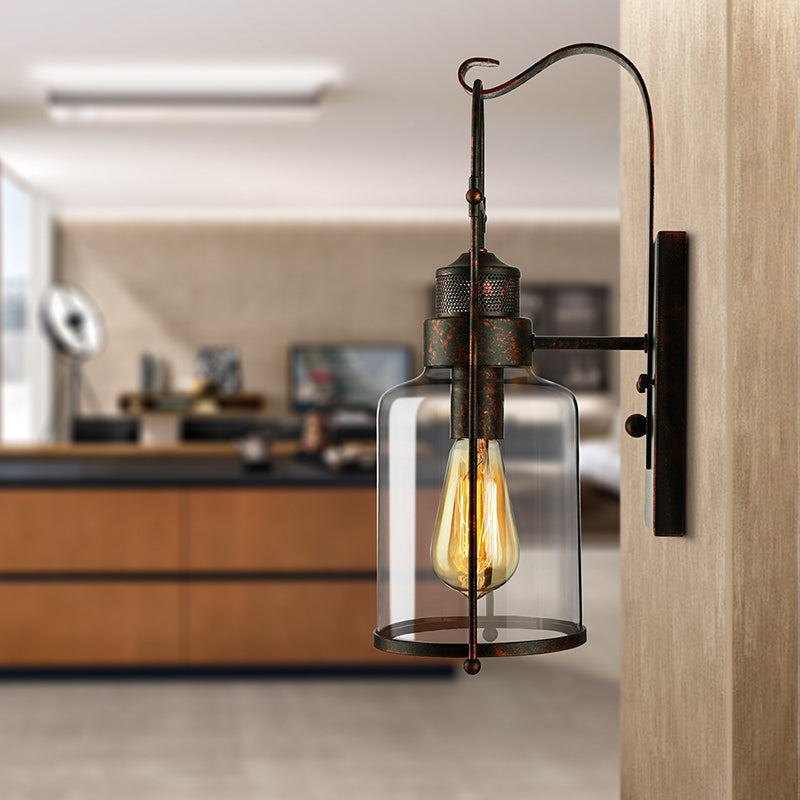Cylinder Clear Glass Wall Mounted Lamp Industrial Single Bulb Living Room Sconce Light in Black/White/Rust with Cage