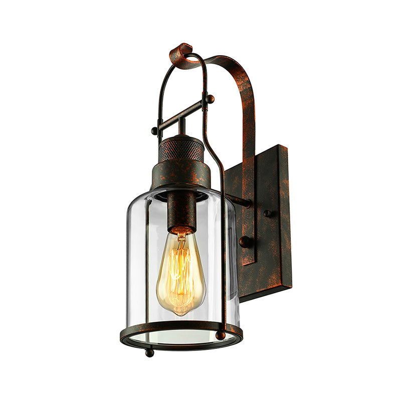 Cylinder Clear Glass Wall Mounted Lamp Industrial Single Bulb Living Room Sconce Light in Black/White/Rust with Cage