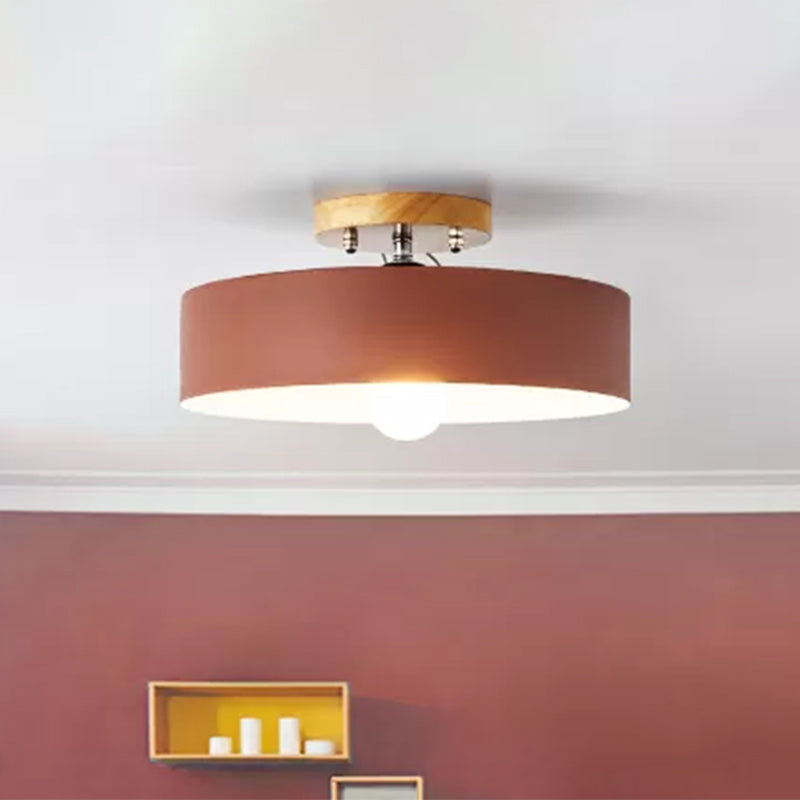 Drum Semi Mount Lighting Modernist Metal 1 Light 12" W Gray/White/Red/Pink Ceiling Mounted Fixture for Living Room