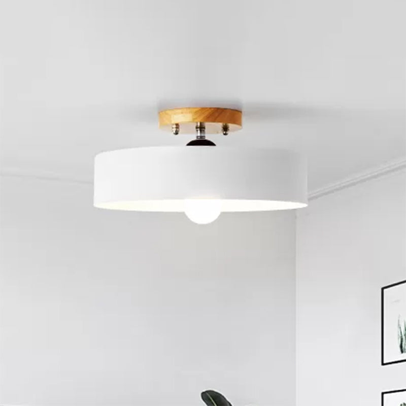 Drum Semi Mount Lighting Modernist Metal 1 Light 12" W Gray/White/Red/Pink Ceiling Mounted Fixture for Living Room