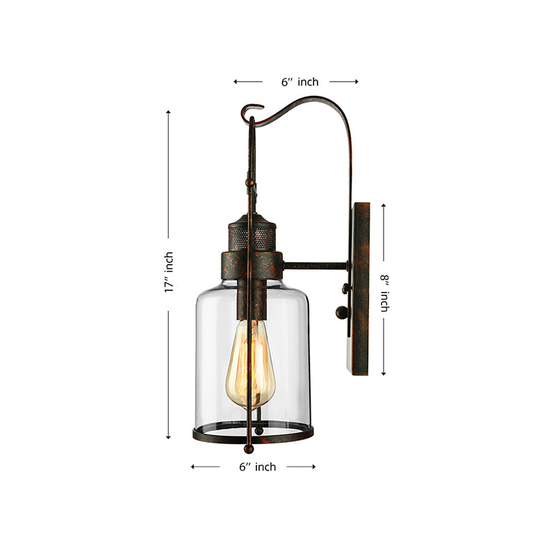 Cylinder Clear Glass Wall Mounted Lamp Industrial Single Bulb Living Room Sconce Light in Black/White/Rust with Cage