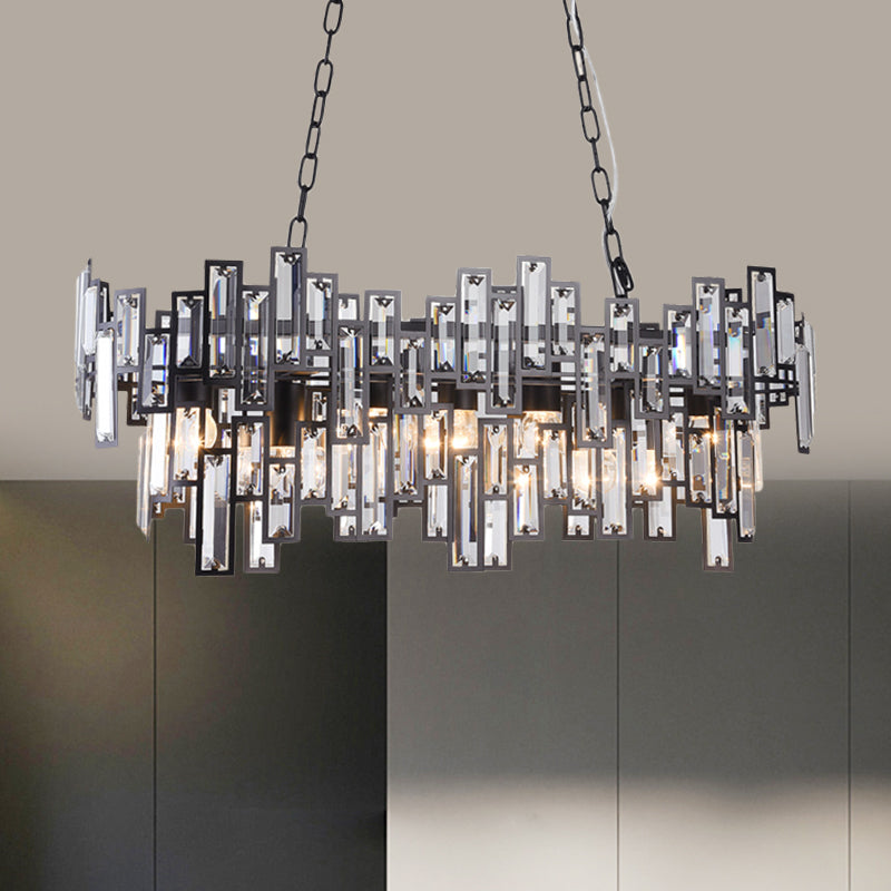 7 Bulbs Oval Frame Pendant Lamp Modern Black/Gold Clear Rectangular-Cut Crystals Encrusted Island Lighting