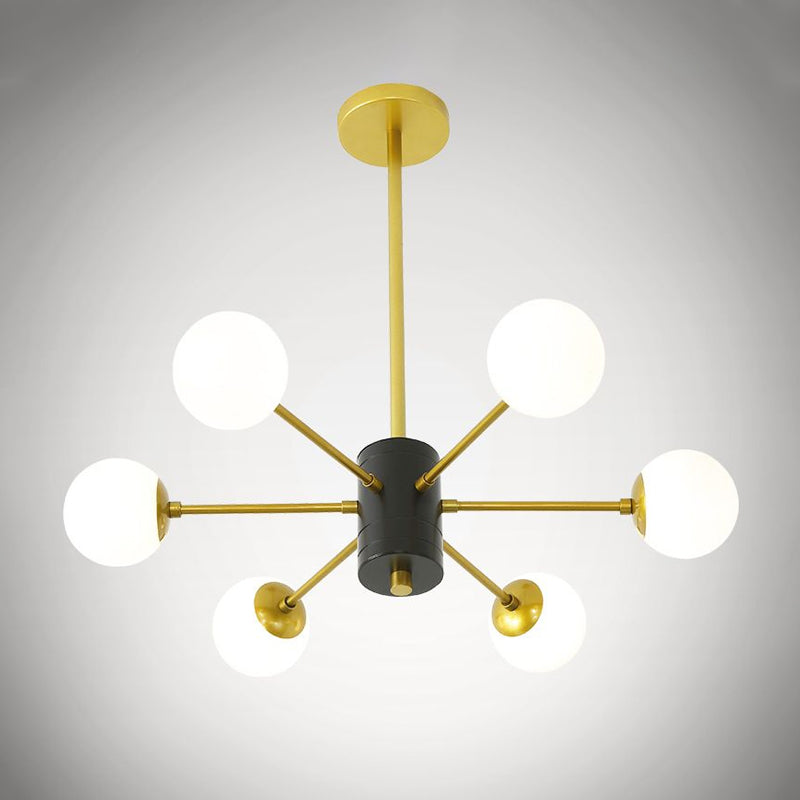 Modernistische wereldwijde melkglas kroonluchter met burst -ontwerp 6/8/9 lichten hangende plafondlamp in goud