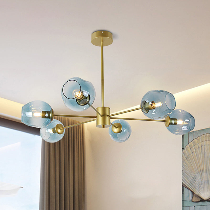 Lampaggio del lampadario del ramo oro post moderno 6/8 luci azzurra/trasparente/ambra lampada sospensione del soffitto in vetro