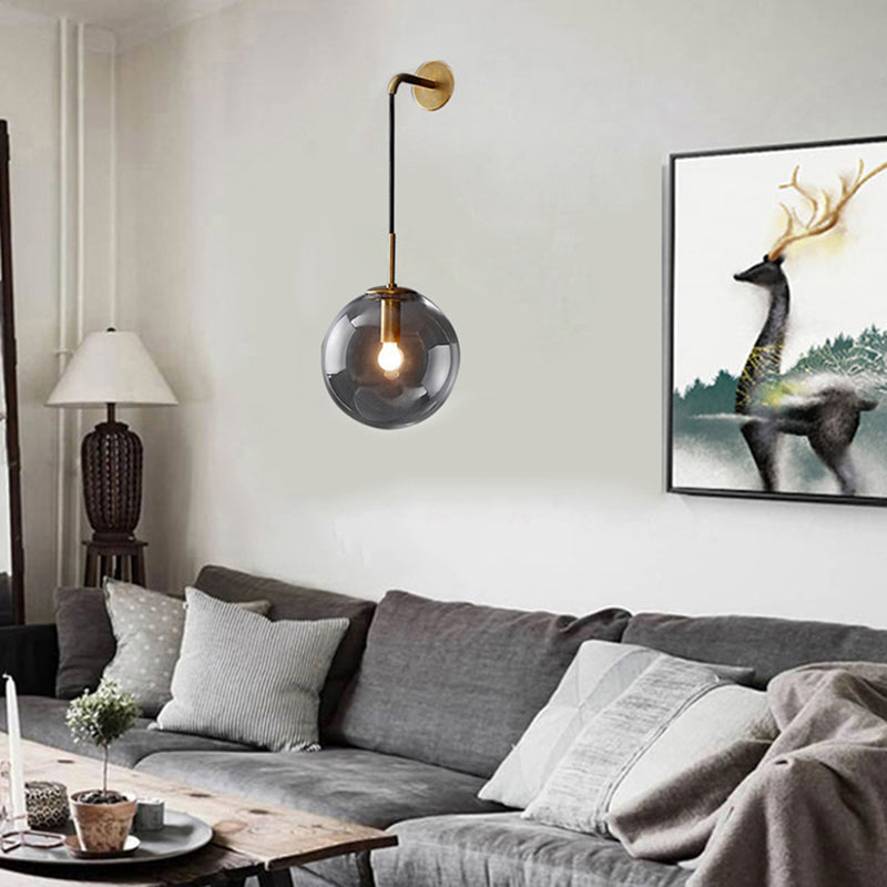 Modern Spherical Wall Lighting Fixture 1 Bulb Smoked Glass Sconce Light in Black/Brass for Living Room, 8"/10"