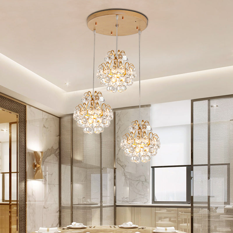 Round/Linear Canopy Dinning Hall Multi Ceiling Lamp Modern Metal 3 Bulbs Black/Gold Hanging Pendant with Clear Crystal Balls
