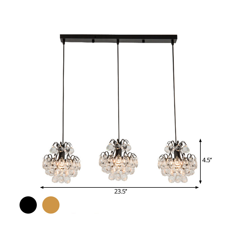 Round/Linear Canopy Dinning Hall Multi Ceiling Lamp Modern Metal 3 Bulbs Black/Gold Hanging Pendant with Clear Crystal Balls