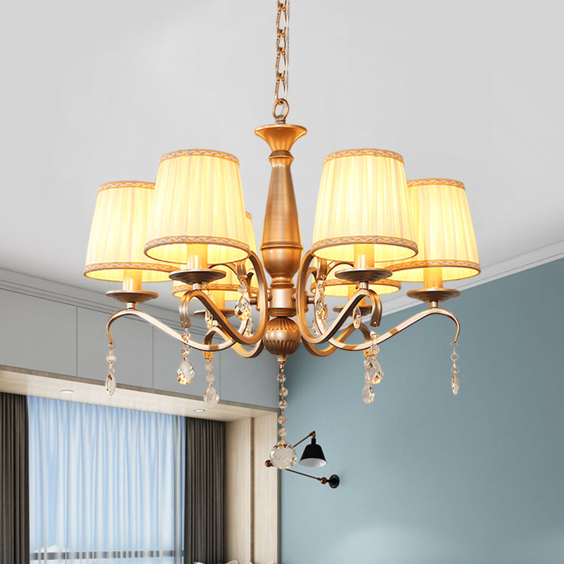 Traditionele vatschaduw Hanglicht 6 lampen geplooide stof plafond kroonluchter met goud gebogen arm