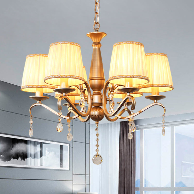 Traditionele vatschaduw Hanglicht 6 lampen geplooide stof plafond kroonluchter met goud gebogen arm
