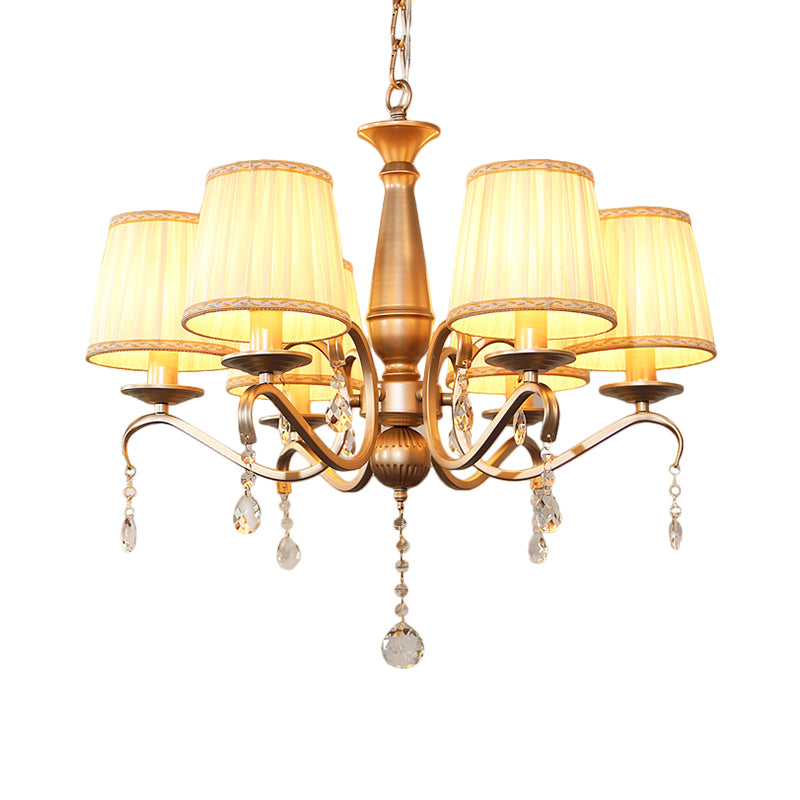 Traditionele vatschaduw Hanglicht 6 lampen geplooide stof plafond kroonluchter met goud gebogen arm