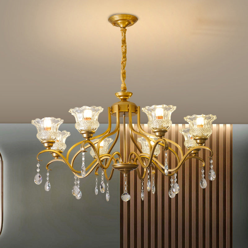 Gold 3/6/8 Lights Ceiling Chandelier Traditional Crystal Glass Floral Shade Parlour Suspension Lamp