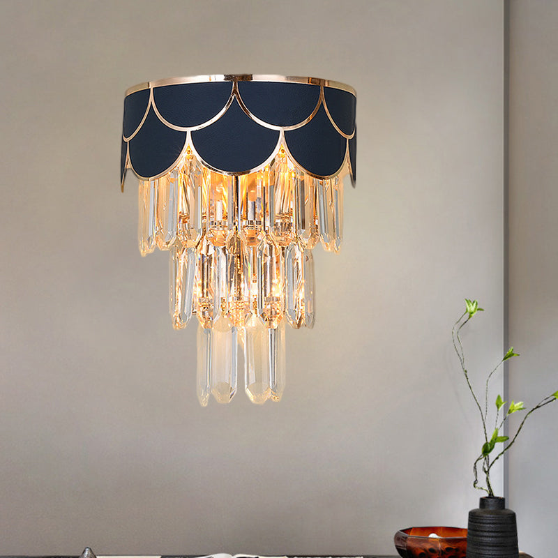 Tiered Living Room Wall Sconce Rectangle-Cut Crystal 3 Heads Contemporary Wall Lighting Idea in Black