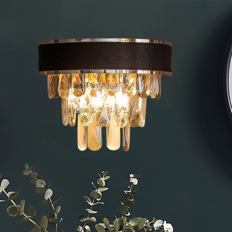 Crystal Block Layered Sconce Light Fixture Minimalist 3 Bulbs Black and Gold Wall Mount Lamp