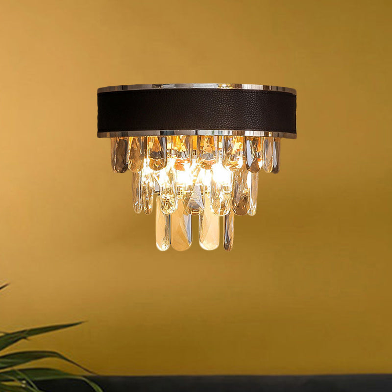Crystal Block Layered Sconce Light Fixture Minimalist 3 Bulbs Black and Gold Wall Mount Lamp