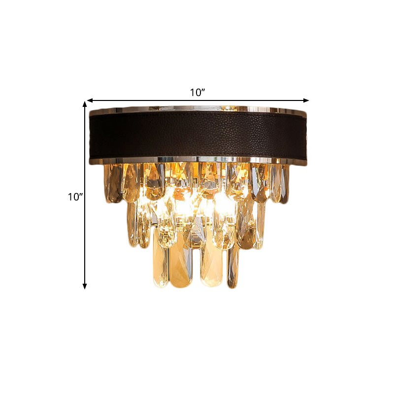 Crystal Block Layered Sconce Light Fixture Minimalist 3 Bulbs Black and Gold Wall Mount Lamp