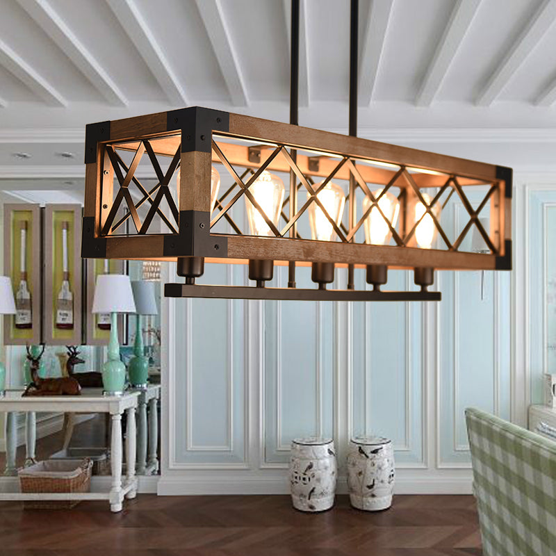 5 Bulbs Rectangle Pendant Light with Frame Shade Rustic Loft Brown Metal and Wood Island Light