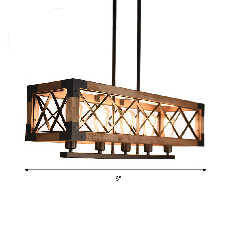5 Bulbs Rectangle Pendant Light with Frame Shade Rustic Loft Brown Metal and Wood Island Light
