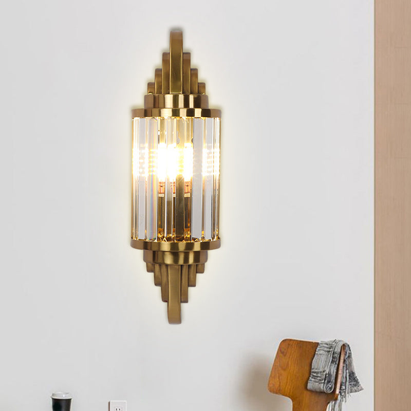 Gold Finish Half Cylinder Sconce Postmodern 1-Head Crystal Prisms Wall Light Fixture for Living Room