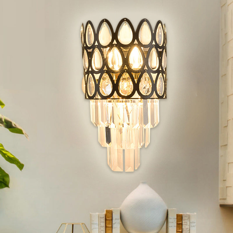 Teardrop Grid Wall Mount Light Contemporary Faceted Crystal 3 Lights Black/Gold Sconce Lamp Fixture