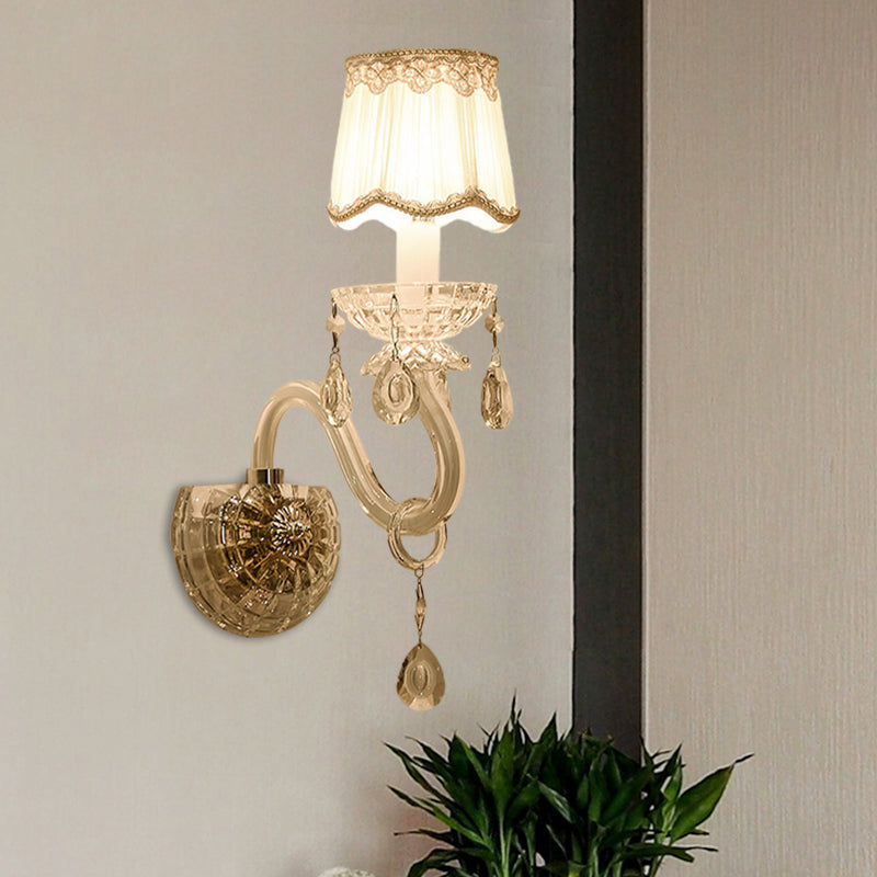 1/2-Light Candle Wall Lamp Traditional White Finish Clear Crystal Wall Light with Scalloped Barrel Pleated Fabric Shade