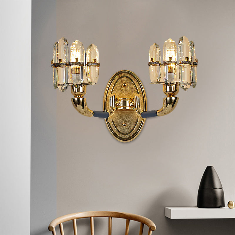 Post Modern Arched Wall Mount Lamp Crystal Panel 1/2-Bulb Bedside Wall Lighting in Blue and Gold