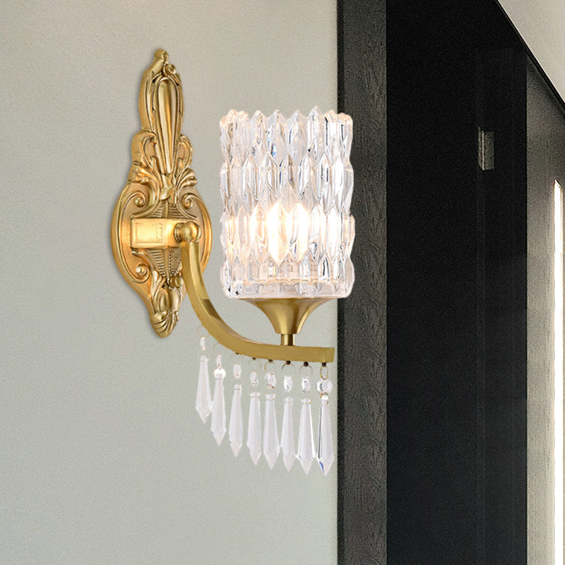 Gold Column Shade Wall Lamp Fixture Postmodern 1 Bulb Clear Crystal Wall Lighting Idea with Droplet