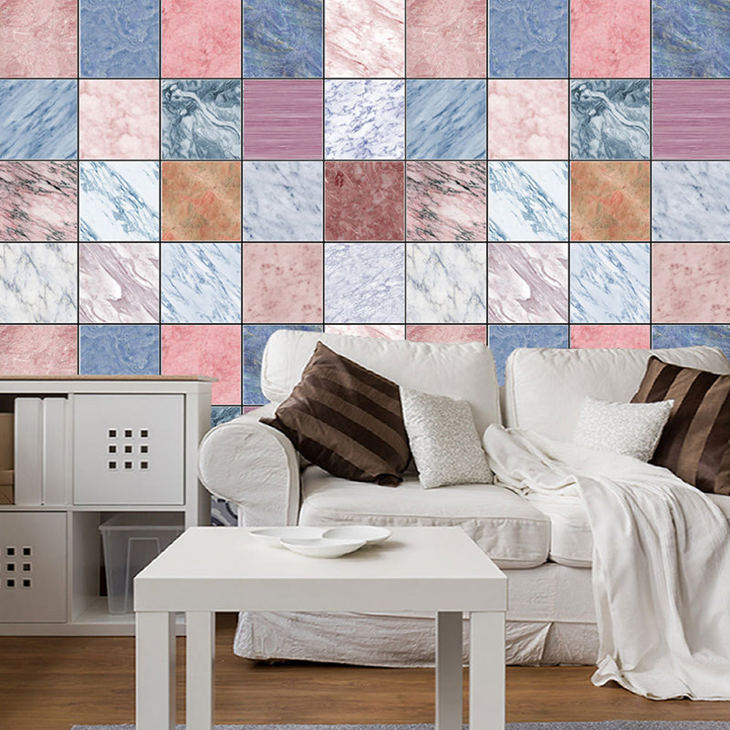 Pink-Blue Marble Wallpaper Panels Square Tiles Modern Peel off Wall Covering for Kitchen