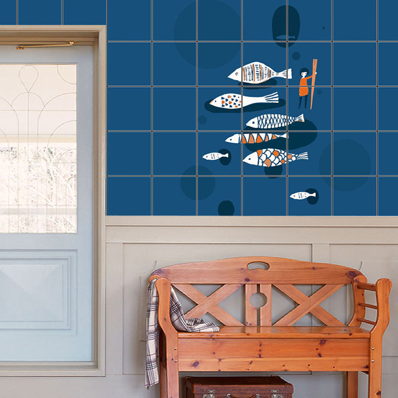 Cartoon Fish Racing Wallpaper Panel Set Blue Pick-Up Sticks Wall Art for Kitchen