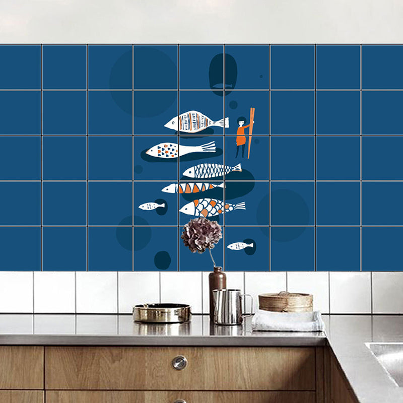 Cartoon Fish Racing Wallpaper Panel Set Blue Pick-Up Sticks Wall Art for Kitchen