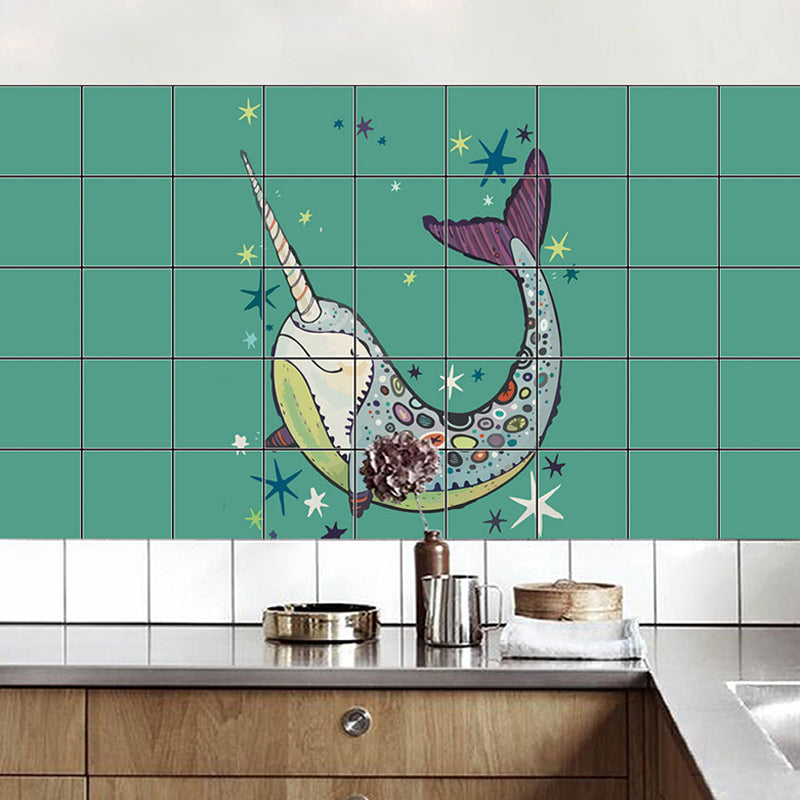 Green Narwhal Wallpaper Panels Self-Sticking Novelty Child Bedroom Wall Covering