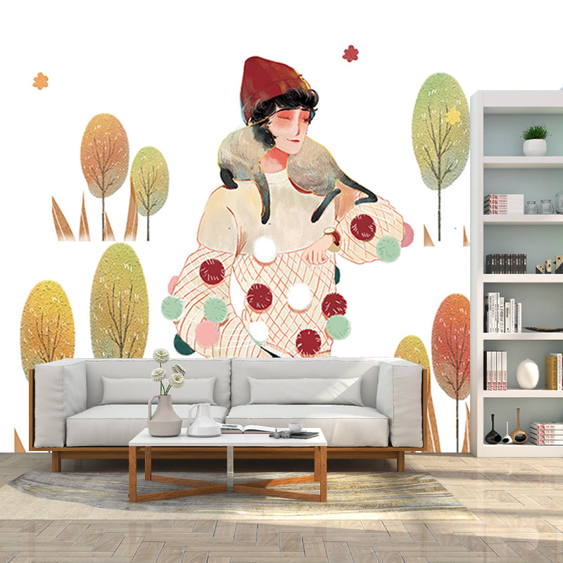 Large Childrens Art Mural Wallpaper White Girl Walk with Her Pet Wall Covering, Custom Size