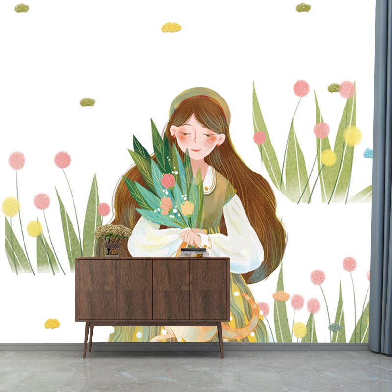 Artistry Girls Outing Wallpaper Mural for Bedroom Custom Wall Decor in Green on White