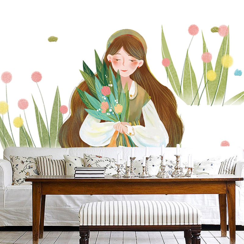 Artistry Girls Outing Wallpaper Mural for Bedroom Custom Wall Decor in Green on White