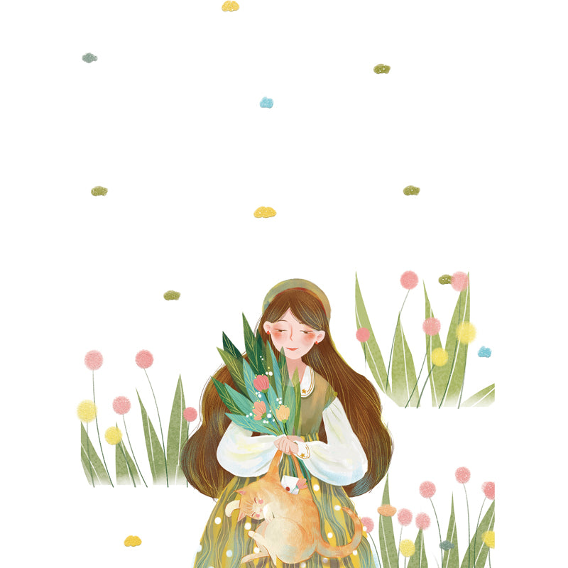 Artistry Girls Outing Wallpaper Mural for Bedroom Custom Wall Decor in Green on White