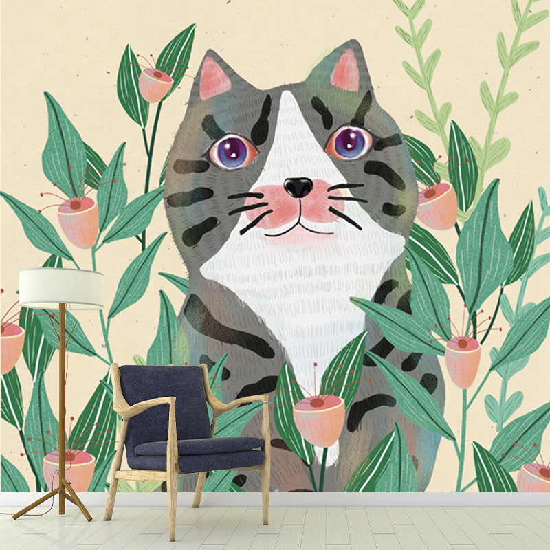 Kids Cat in Flowers Mural in Yellow-Green Waterproofing Wall Art for Child Bedroom