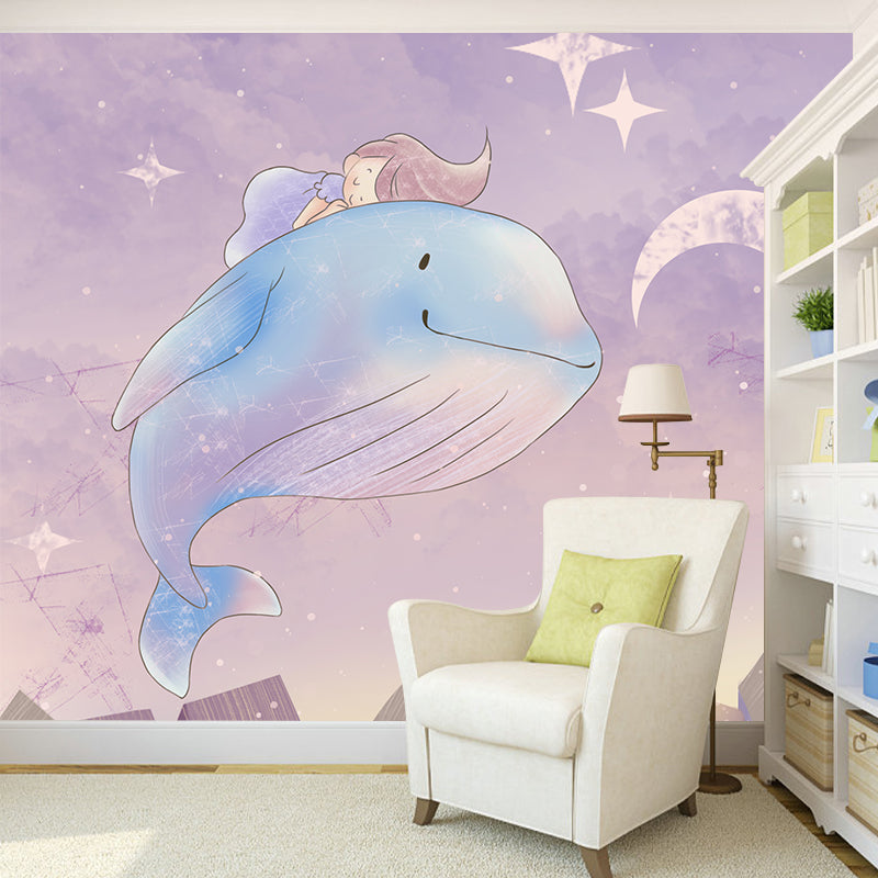 Dreamy Girl Riding Whale Mural for Bedroom Cartoon Wall Decor, Personalized Size