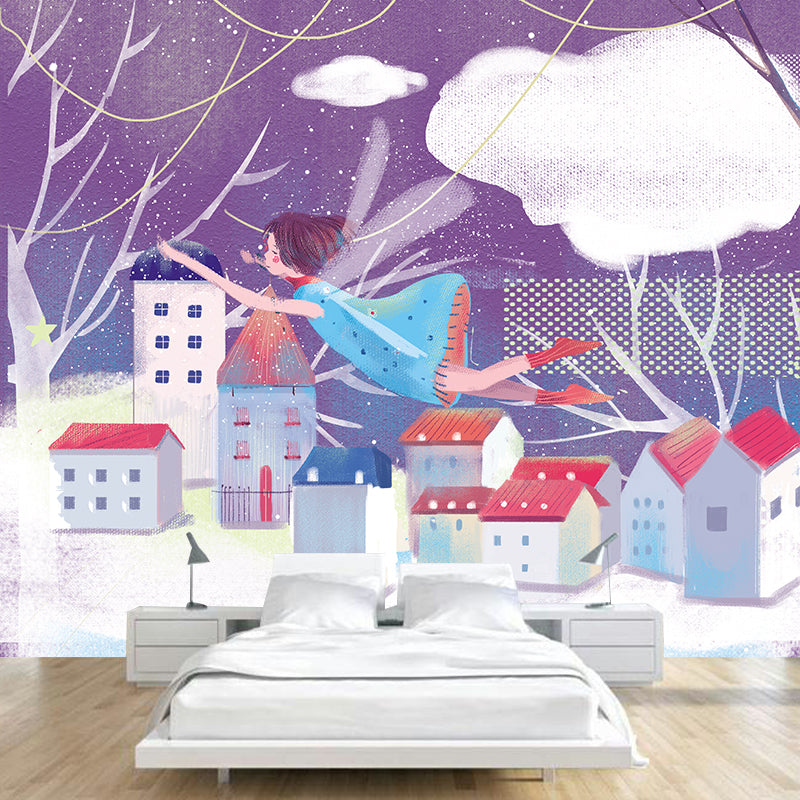 Purple-White Fairy Tale Mural Decal Winter Scenery Nordic Stain Proof Wall Covering