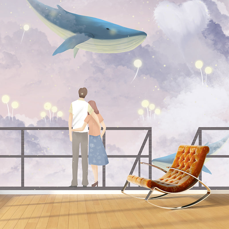 Cartoon Whale and Lover Mural Purple-White Bedroom Wall Covering, Personalized Size