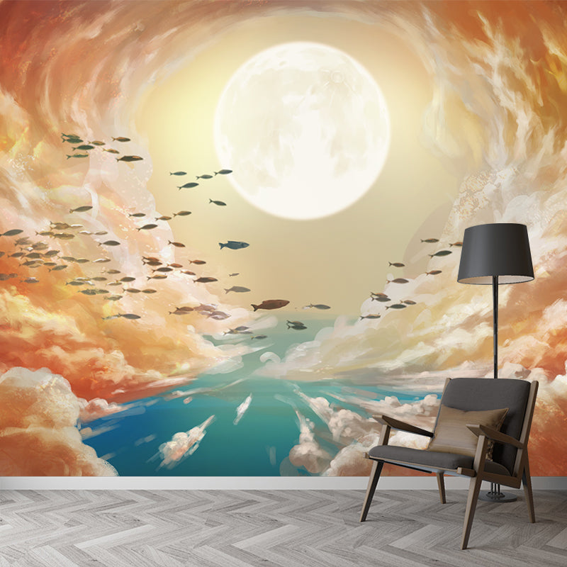 Super Moon and Cloud Mural Yellow-Blue Childrens Art Wall Covering for Living Room