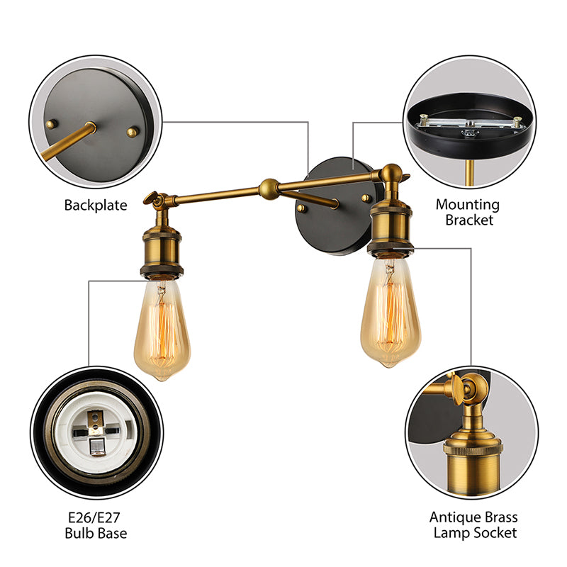 2 Lights Exposed Sconce Light with Bare Bulb Industrial Brass Finish Metal Wall Light Fixture for Coffee Shop