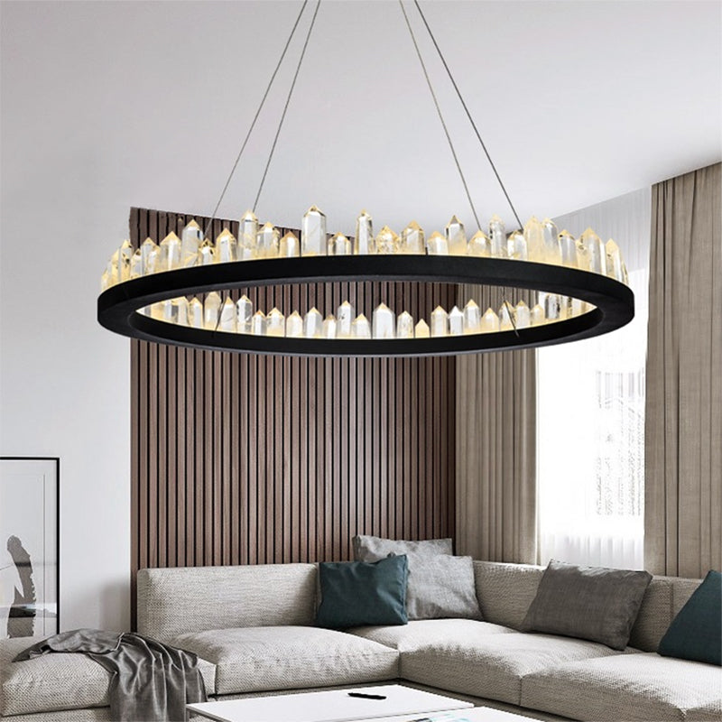 Lampadante a pendente ad anello di cristallo LED contemporaneo LED Nero appeso al soffitto in luce calda/bianca per soggiorno