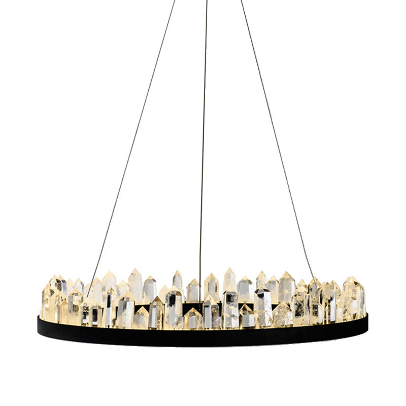 Lampadante a pendente ad anello di cristallo LED contemporaneo LED Nero appeso al soffitto in luce calda/bianca per soggiorno