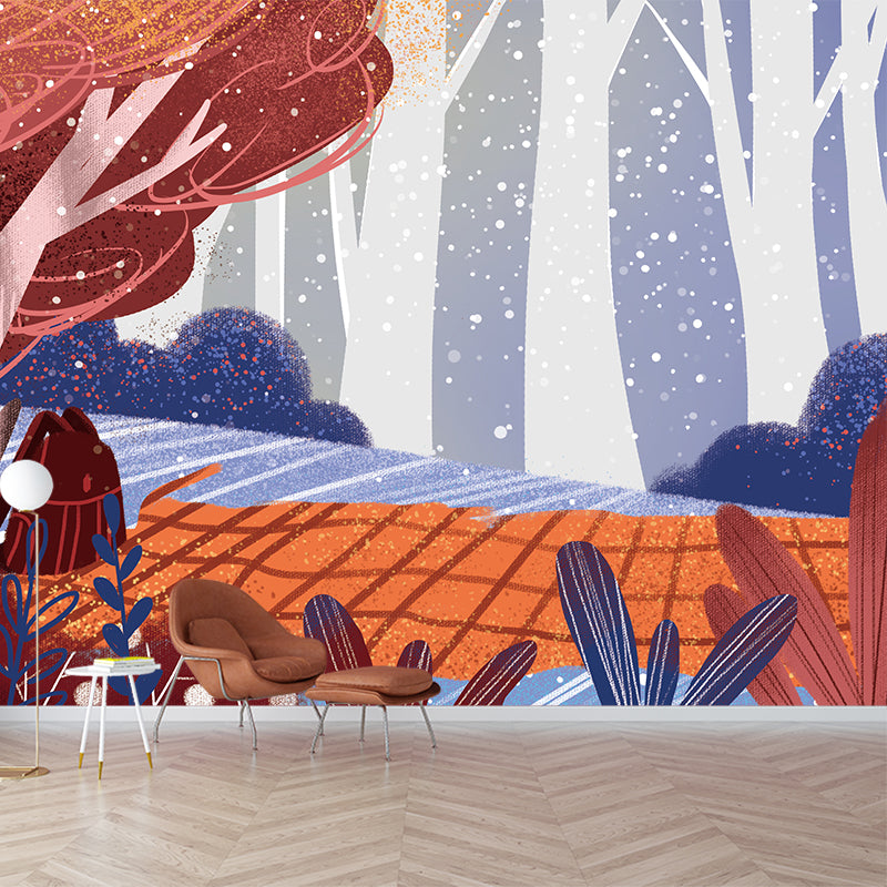Picnic in the Forest Mural Blue-Brown Childrens Art Wall Covering for Bedroom, Non-Woven Cloth