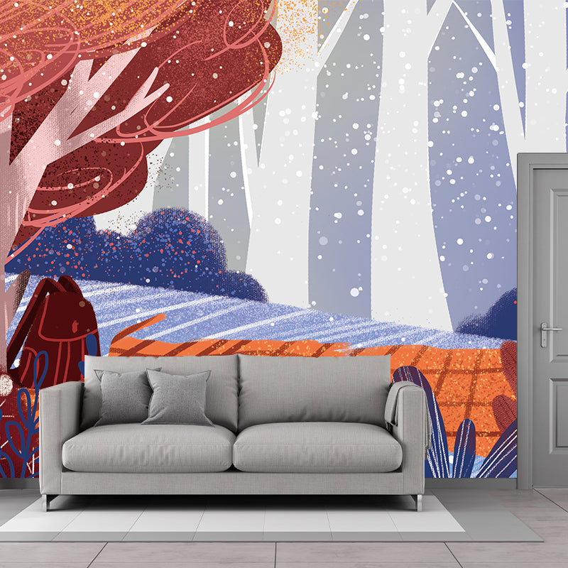 Picnic in the Forest Mural Blue-Brown Childrens Art Wall Covering for Bedroom, Non-Woven Cloth