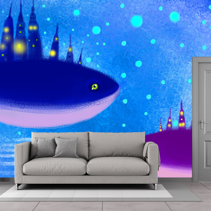 Huge Whale Castle Wall Mural Blue-Purple Non-Woven Wall Decor, Stain Resistant, Custom Print