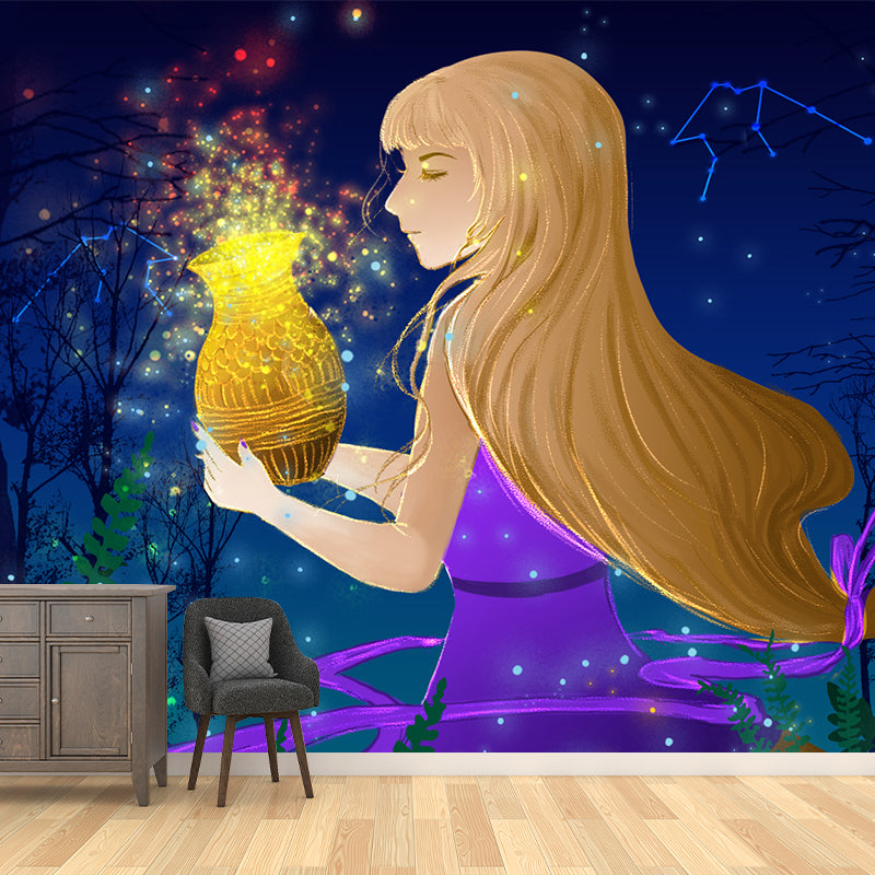 Fairy Constellation Aquarius Mural Childrens Art Non-Woven Wall Covering in Purple-Yellow