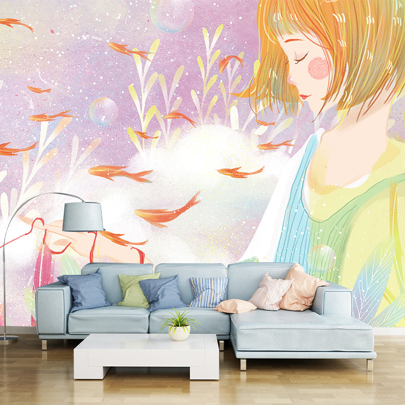 Girl Under Sea Wallpaper Mural Cartoon Waterproofing Bedroom Wall Art, Custom Size Available