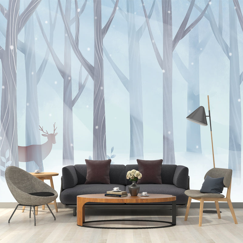 Deer in Snowing Forest Mural Childrens Art Smooth Surface Wall Decor in Blue and White