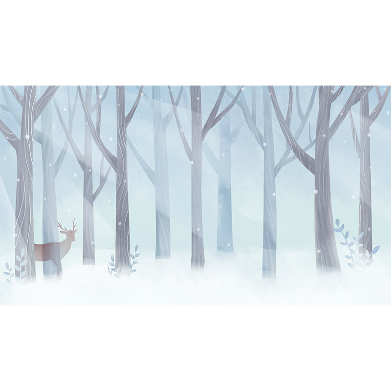Deer in Snowing Forest Mural Childrens Art Smooth Surface Wall Decor in Blue and White