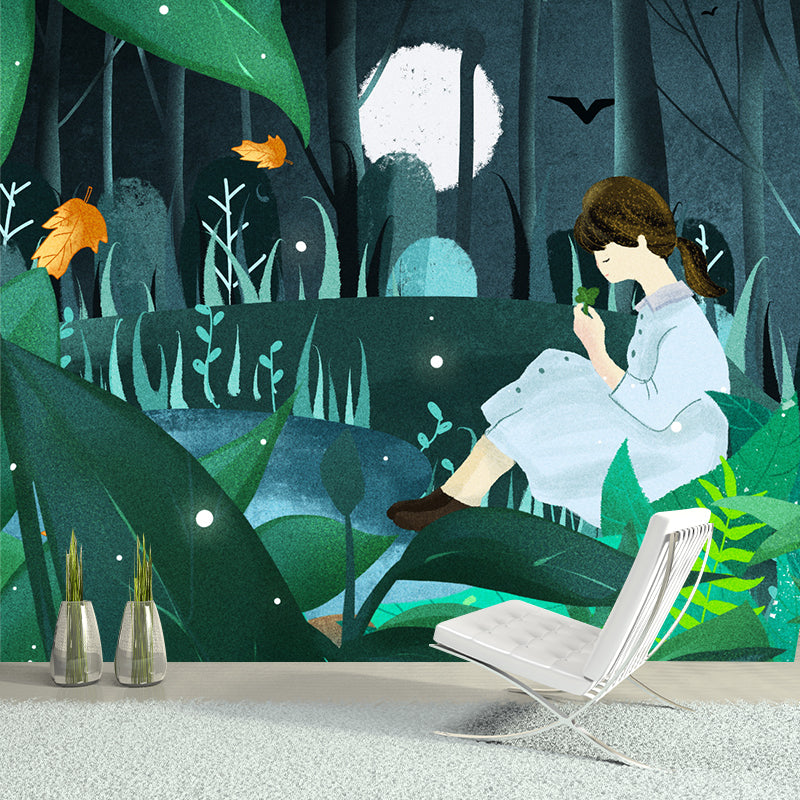 Childrens Art Moon Night Mural Green Girl in Forest Wall Decor for Bedroom, Custom-Print
